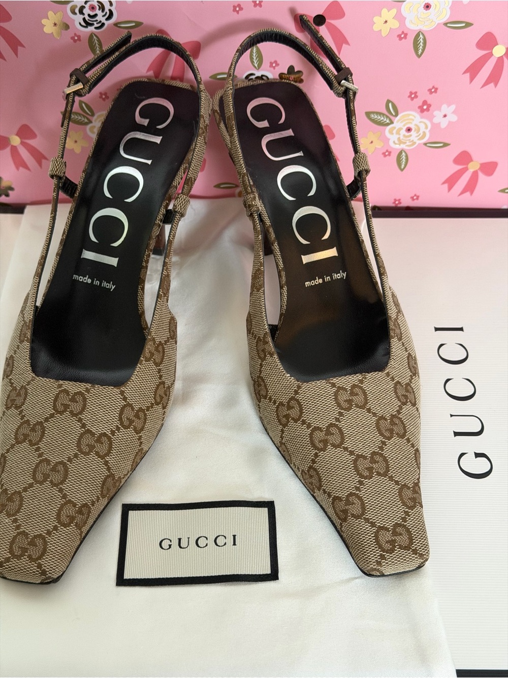 Gucci Beige Monogram Slingback Heels
